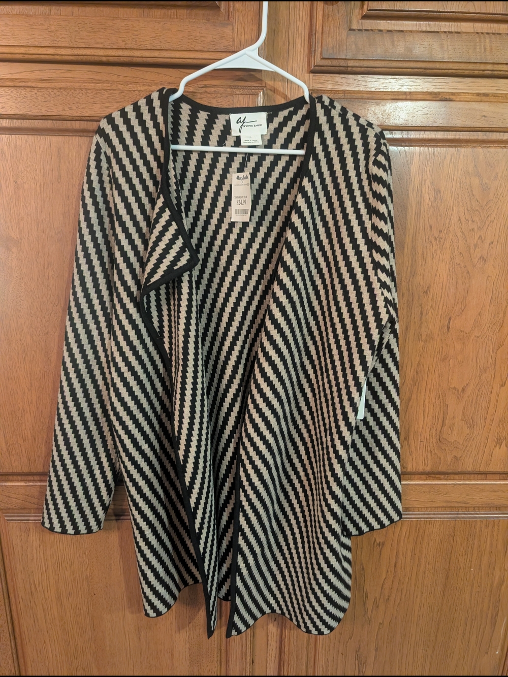 Andrea Jovine Black and Oatmeal Zigzag Open Front Cardigan NWT